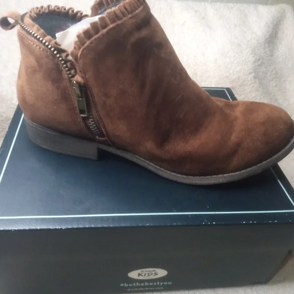DR SCHOLLS Hayzel Boots Booties Cognac Brown Big Girls Kids Teens 5 M Faux Suede